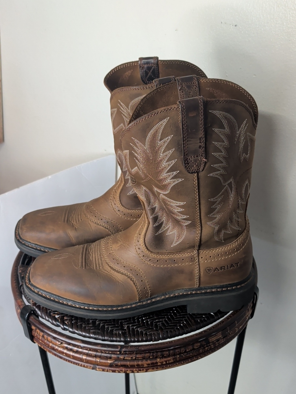 ARIAT QuickDraw Brown Leather Square Toe Pull On Western Boots Size 9.5 EE